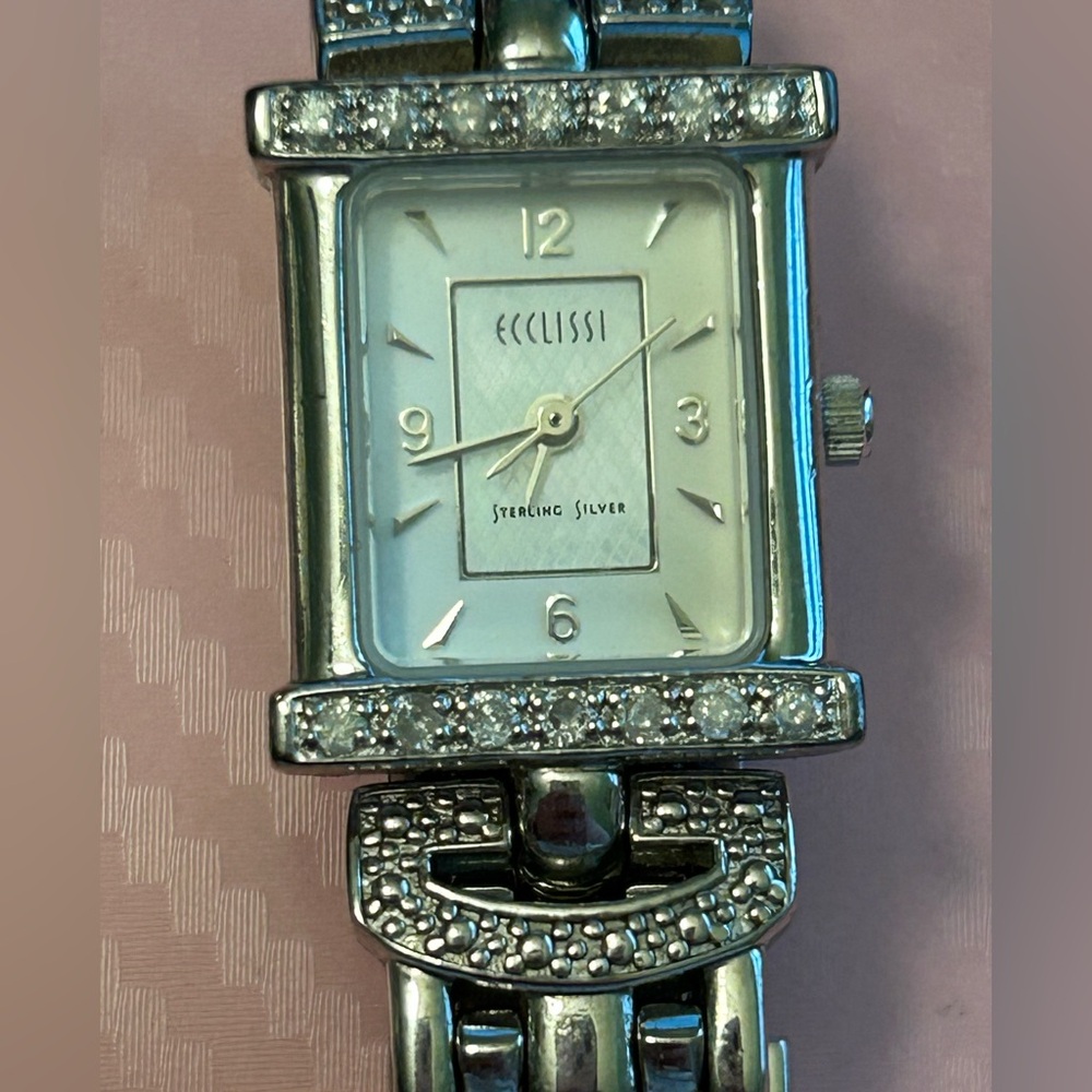 Ecclissi Sterling Silver and diamond accent women’s wrist watch. 6.5 inches